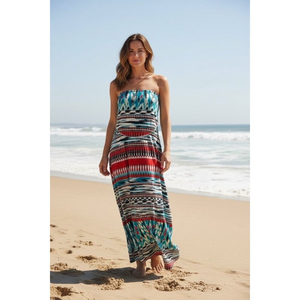 Red Teal Mixed Print‎ Strapless Maxi Dress Size S M Summer Beach Wedding Party